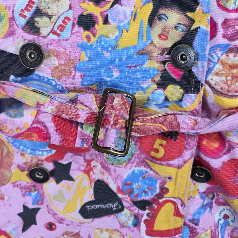 Fiorucci Women Pink Graphic Collage Print Belted Trench Coat Jacket Size L